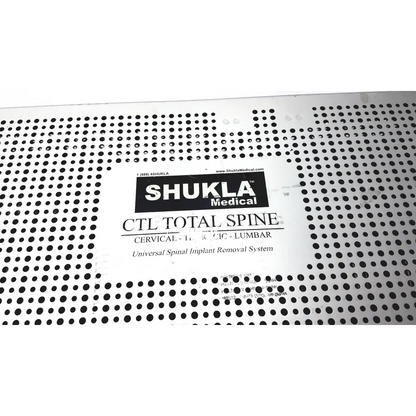 White perforated metal plate with black circular holes and central label for shukla medical ctl total spin ref mks1031
