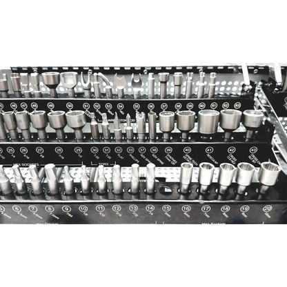 Organized set of metallic socket wrenches and bits in a black tray with numbered slots ctl total spin ref mks1031
