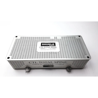 Silver perforated metal surgical instrument tray ctl total spin labeled by shukla medical total spin ref mks1031 missing pieces item 313