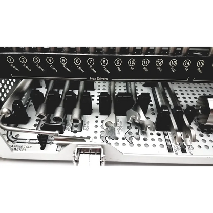 Set of surgical hex drivers and tools in white perforated tray with labeled sizes ctl total spin total spin ref mks1031