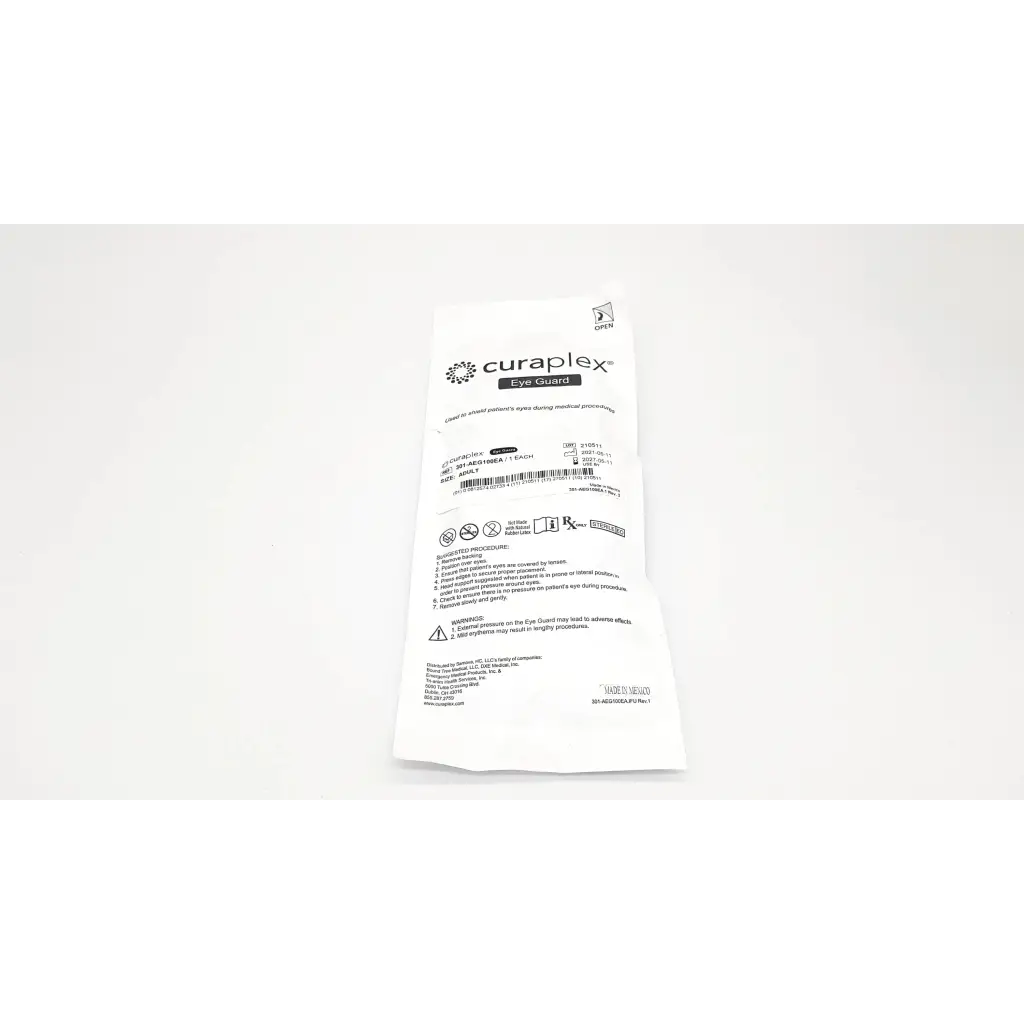 White paper package of curaplex eye guard adult adhesive medical device for eye protection use