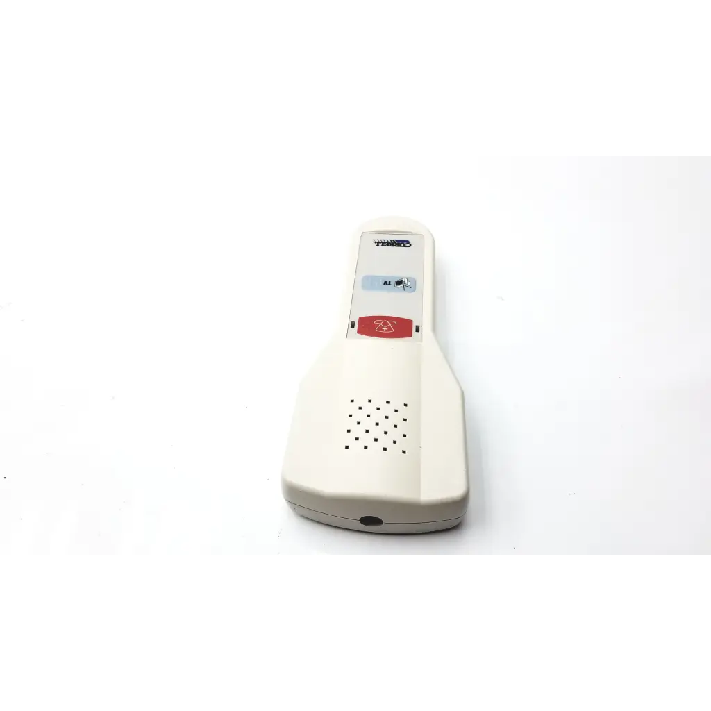 Cream-colored curbell 31802-002 hospital pillow speaker with red button and gray display panel for patient use