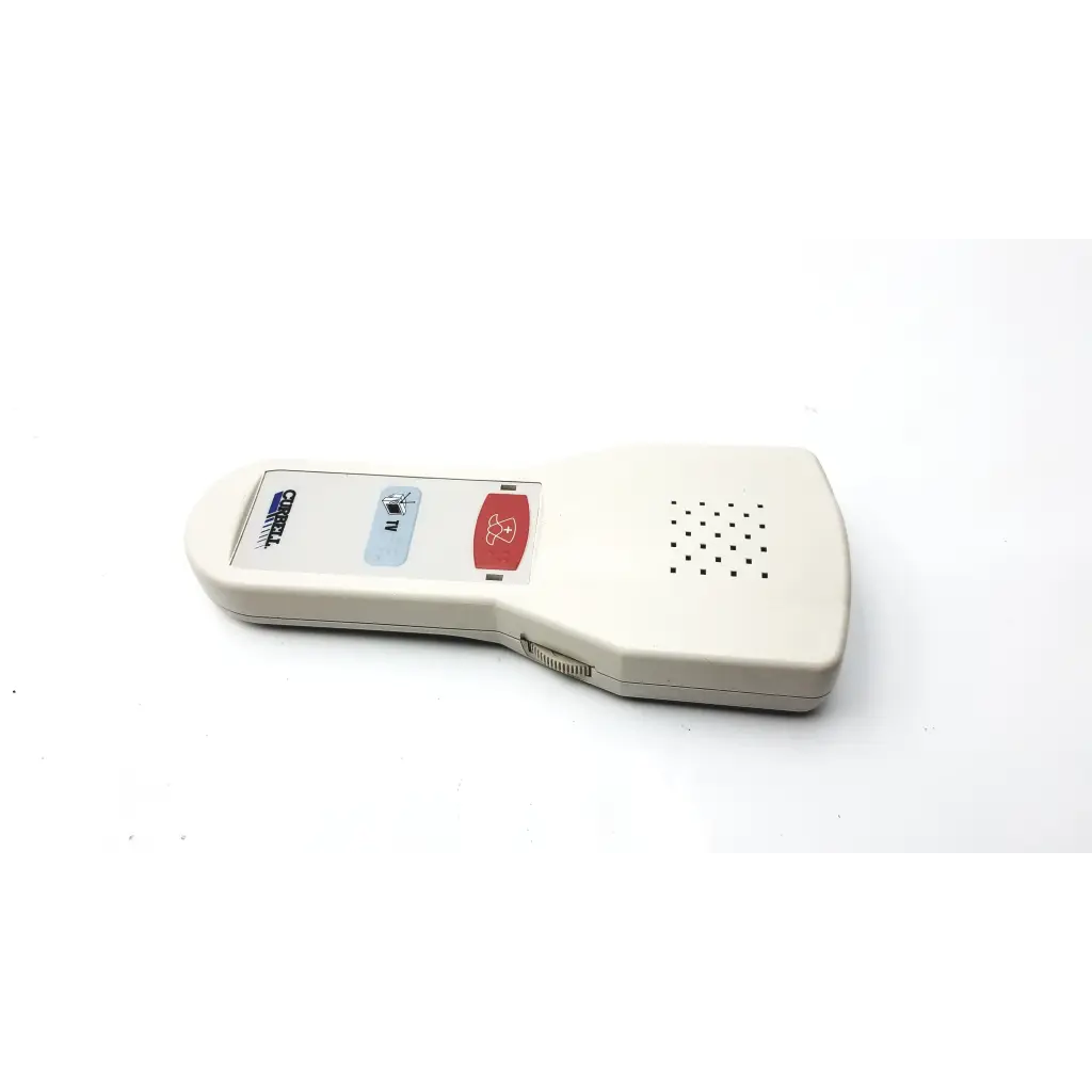 Cream-colored plastic curbell 31802-002 hospital pillow speaker with red button blue label and speaker grille