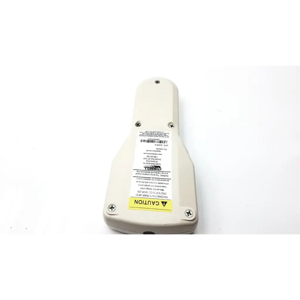 Beige plastic handheld laser distance meter with yellow caution label and screws for curbella hospital pillow speaker use