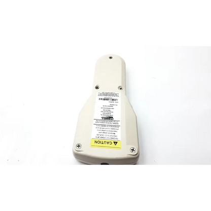 Beige plastic handheld laser distance meter with yellow caution label and screws for curbella hospital pillow speaker use