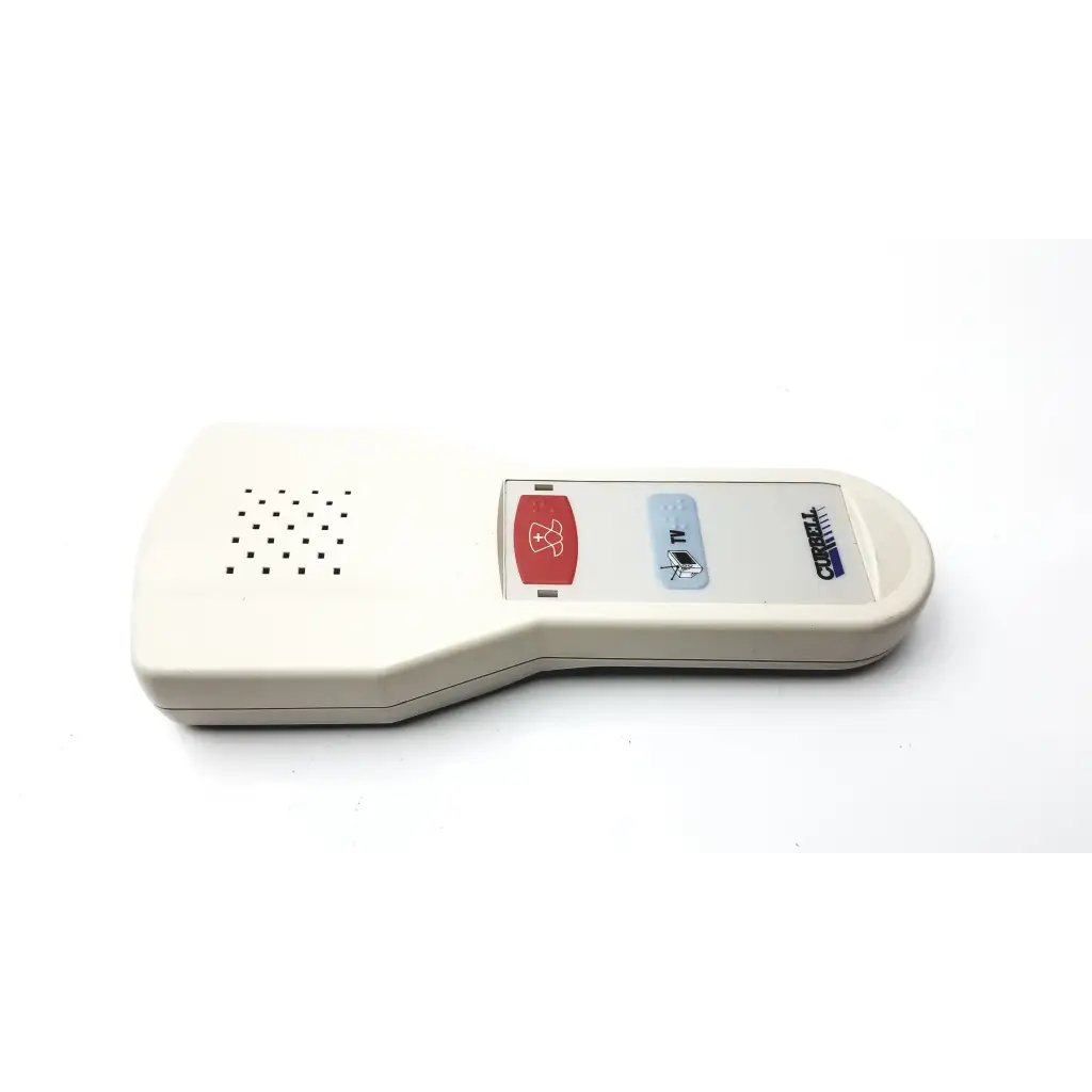 Cream-colored carter hospital pillow speaker with red button and blue tv label for hospital pillow use