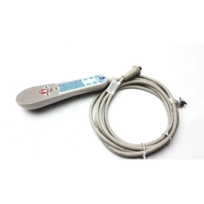 Gray curbell 350200 g pillow speaker nurse remote with blue keypad and red button connected to coiled gray cable