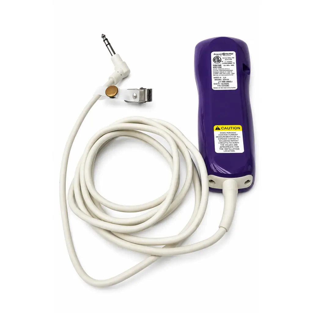 Purple curbell medical biomed certified pillow speaker remote with coiled white cable and angled audio jack