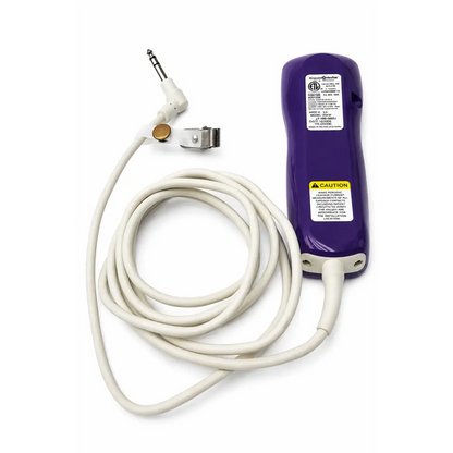 Purple curbell medical biomed certified pillow speaker remote with coiled white cable and angled audio jack