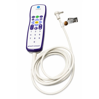 White and purple biomed certified curbell medical pillow speaker remote with coiled cable and navigation buttons