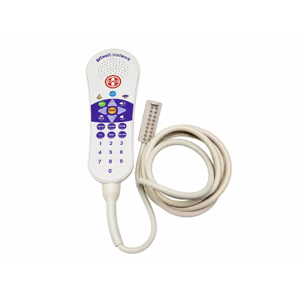 White curbell medical getwellnetwork pillow speaker nurse call remote with purple buttons and coiled beige cable biomed certified