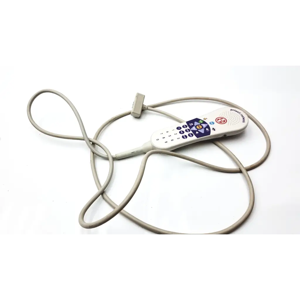 Gray handheld ultrasound transducer with white control panel and colored buttons connected by coiled cable for curbell speaker nurse call remote