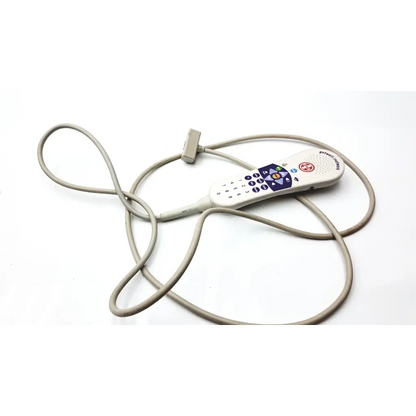 Gray handheld ultrasound transducer with white control panel and colored buttons connected by coiled cable for curbell speaker nurse call remote