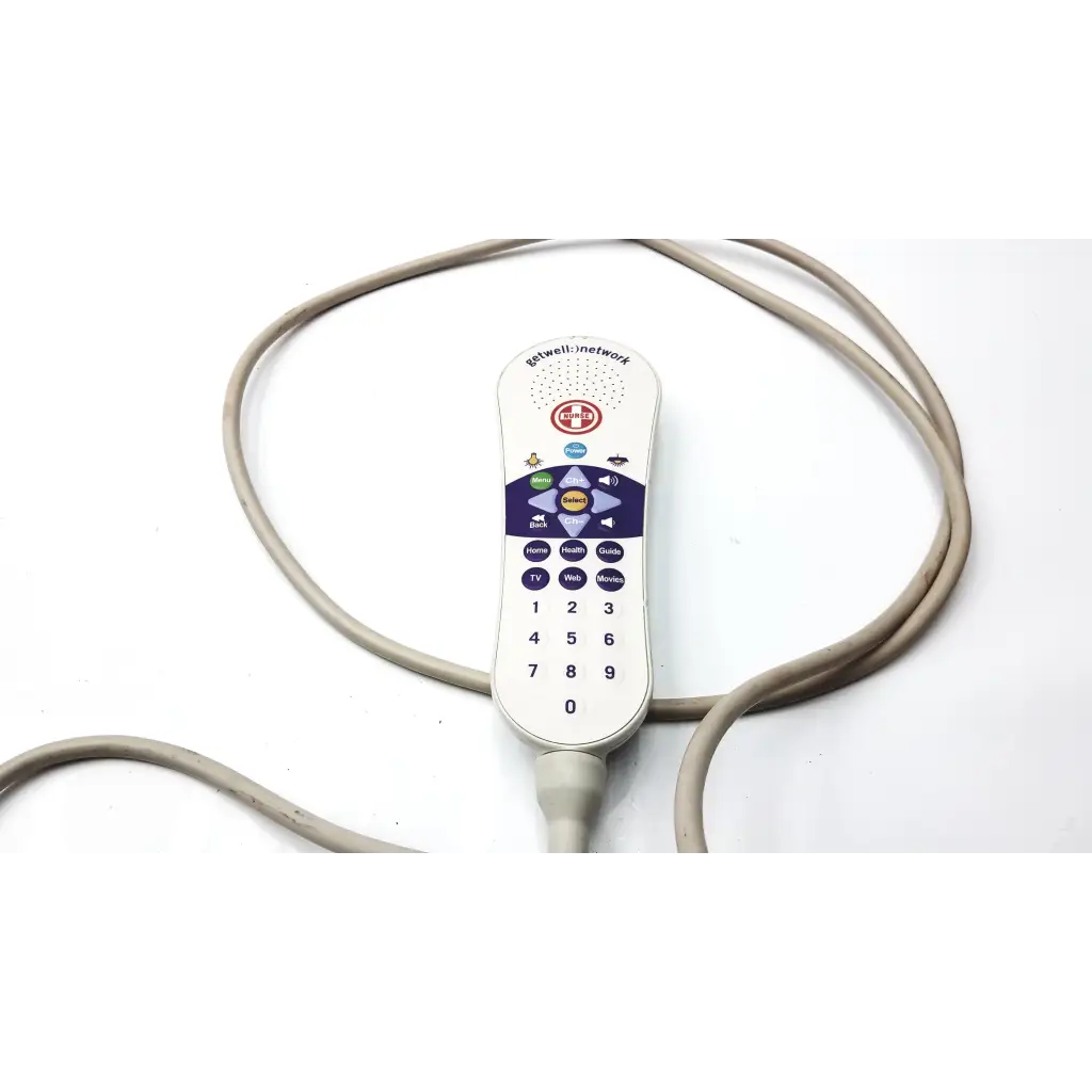 White plastic curbell speaker nurse call remote g-bbhci-5 with blue purple keypad gray cord and getwell network branding