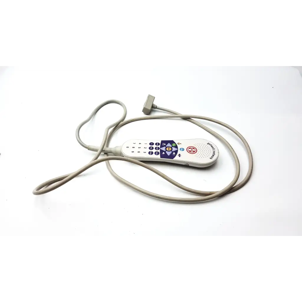 White handheld curbell speaker nurse call remote with gray cord and purple button panel featuring pulmonary brand name