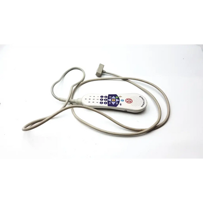 White handheld curbell speaker nurse call remote with gray cord and purple button panel featuring pulmonary brand name