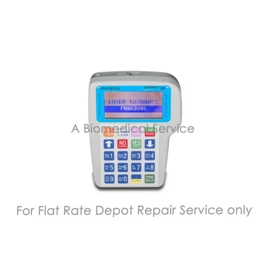 Gray plastic epismart 100 medical equipment with blue screen and colorful buttons for curlin medical pain smart repair service flat-rate repair