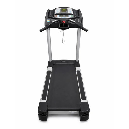 Black and silver cybex 445t commercial treadmill with digital display, ergonomic handles, and textured side grips supplied photograph
