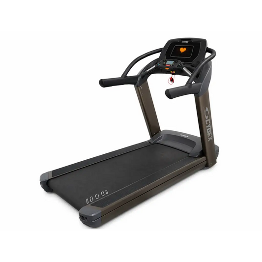 Black and gray cybex 770t commercial treadmill with digital display screen designed for heavy use