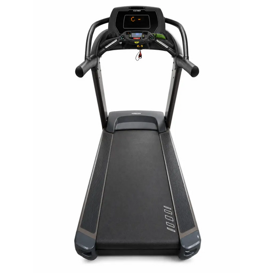 Black and gray cybex 770t commercial treadmill with digital display panel for professional gym use
