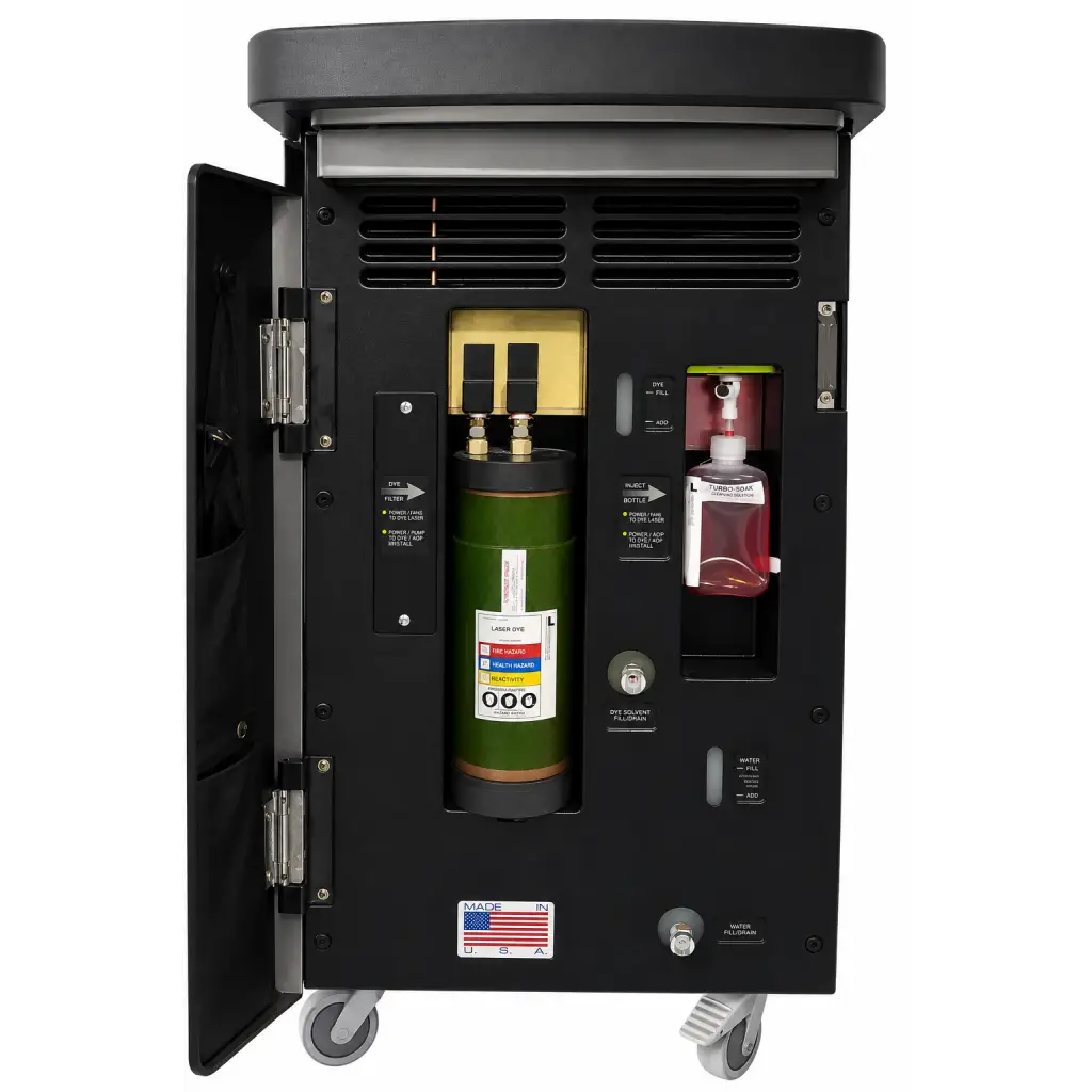 Black industrial-grade mobile sanitizer station with green gas cylinder and red soap dispenser for cynosure cynergy biomed certified dual-wavelength laser system