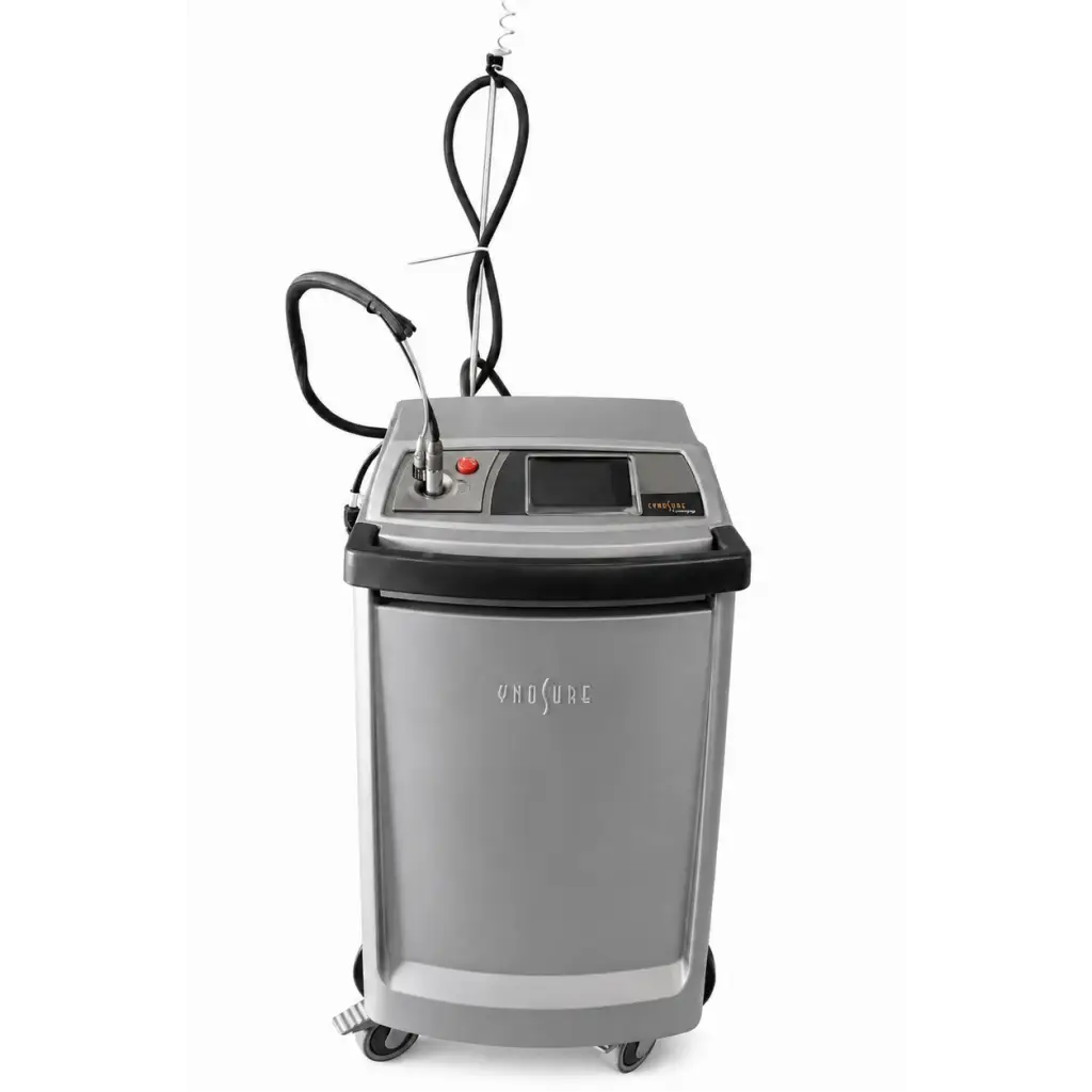 Silver-gray cynosure cynergy dual-wavelength laser system with wheels black accents and digital display