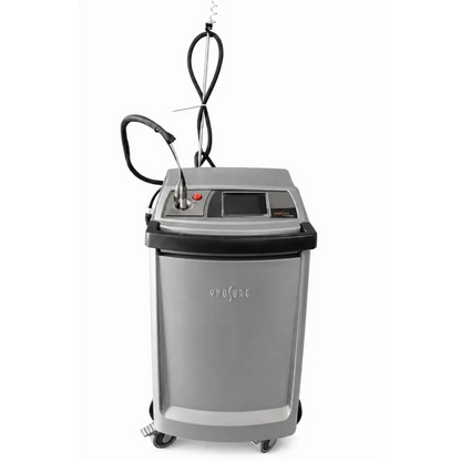 Silver-gray cynosure cynergy dual-wavelength laser system with wheels black accents and digital display