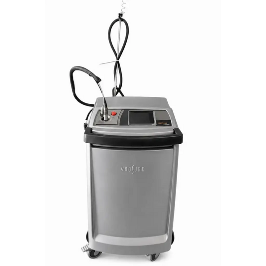 Silver-gray cynosure cynergy dual-wavelength laser system with wheels black accents and digital display