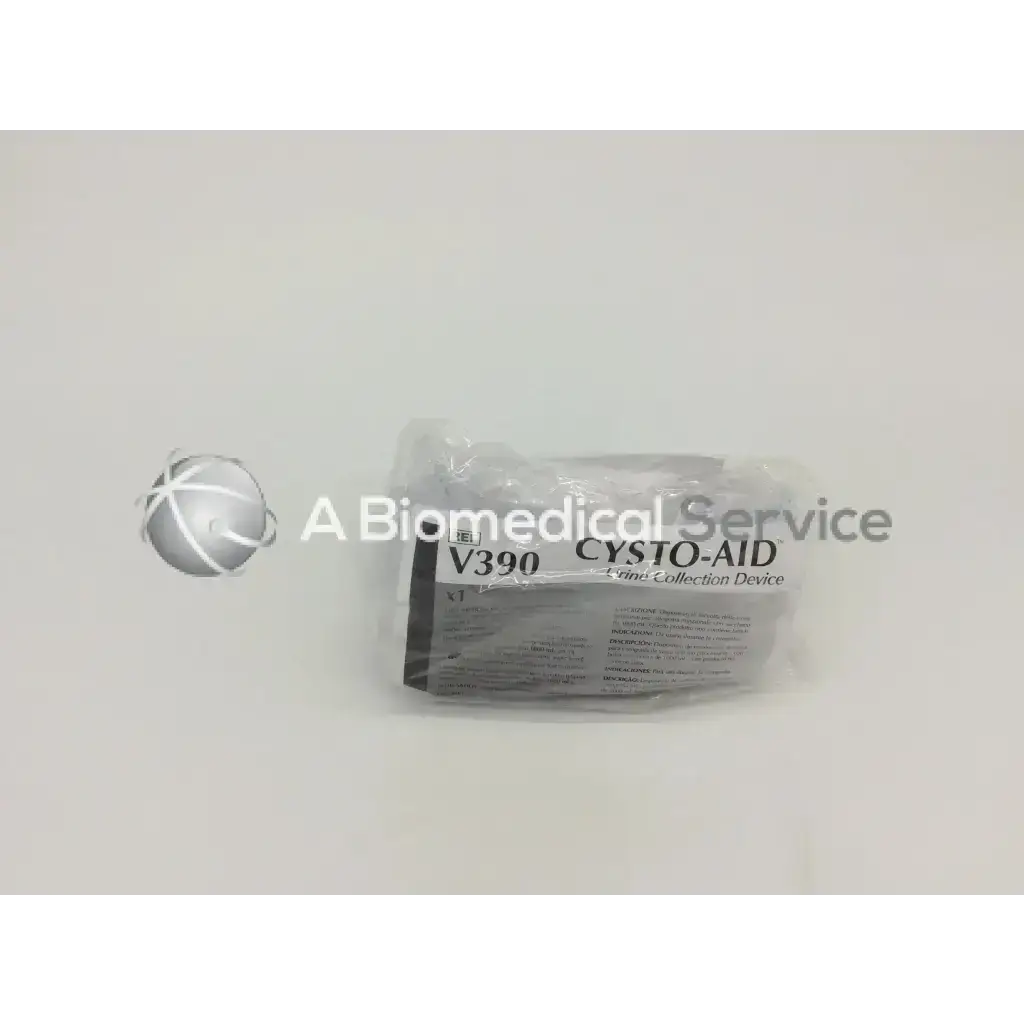 A sterile clear plastic-wrapped cysto-aid urine collection device v390 in original packaging for urine collection