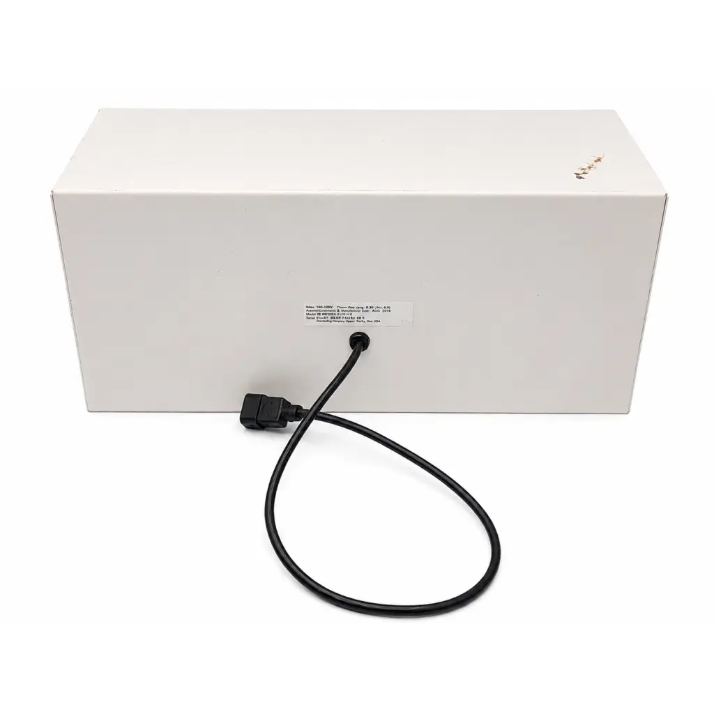 Black power cable with rectangular connector attached to the back of a white biomed certified daavlin m series phototherapy unit
