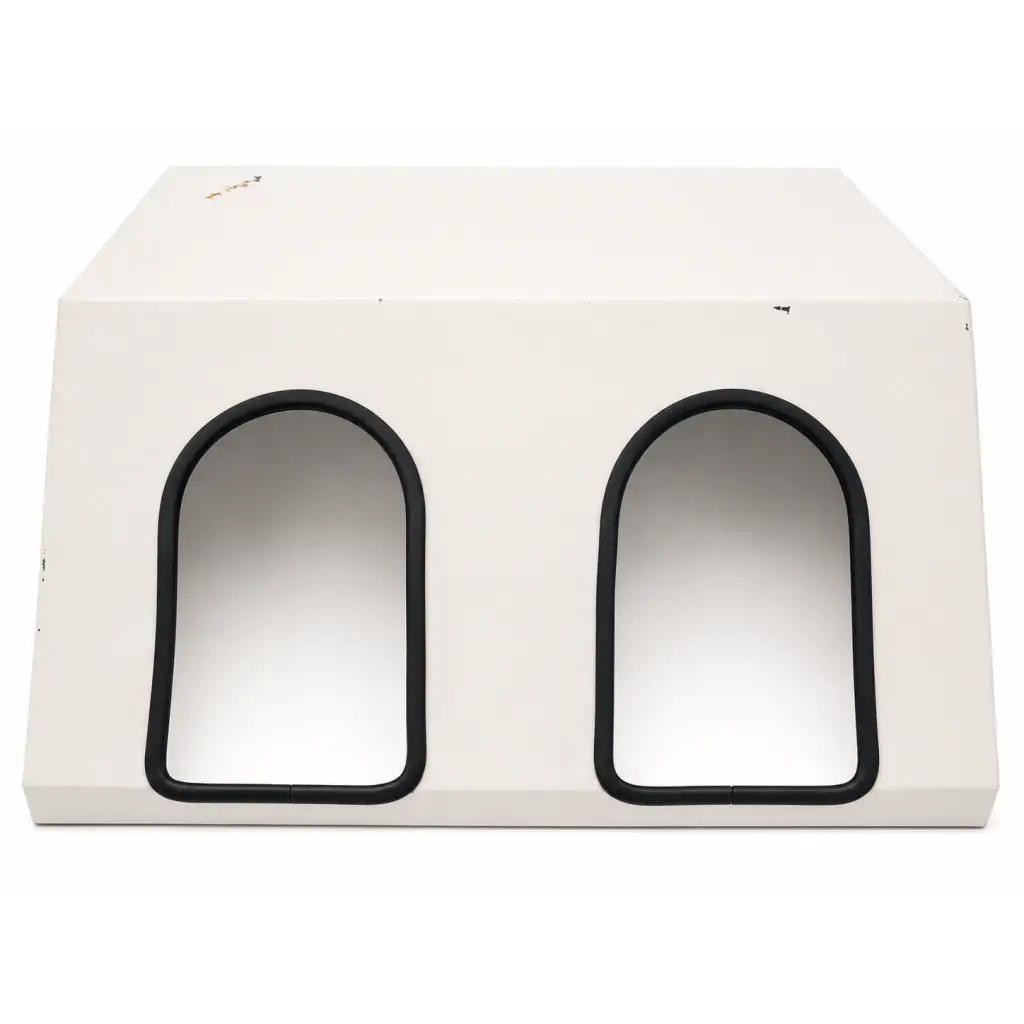 White rectangular pet house with two arched black-trimmed entrances for biomed certified daavlin m series phototherapy unit