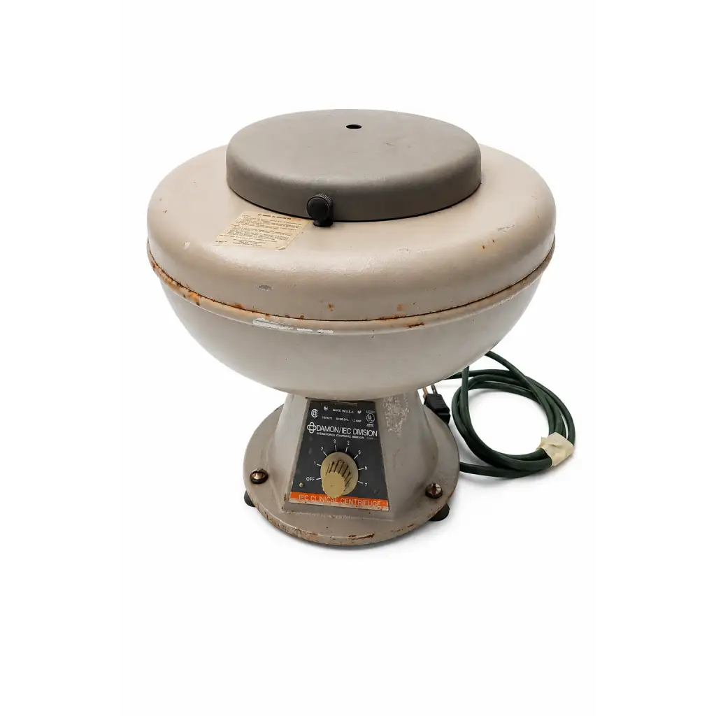 Beige and gray damon iec model clinical centrifuge with control panel power cord and rust on base biomed certified