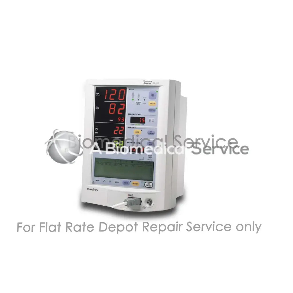 White rectangular datascope accutorr plus patient monitor with digital vital signs display for medical equipment repair service
