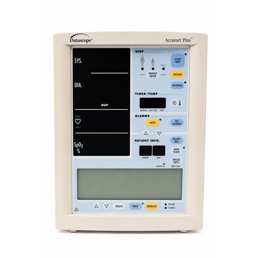 Beige datascope accutorr plus vital signs monitor with black touchscreen and light blue control panel for patient monitoring