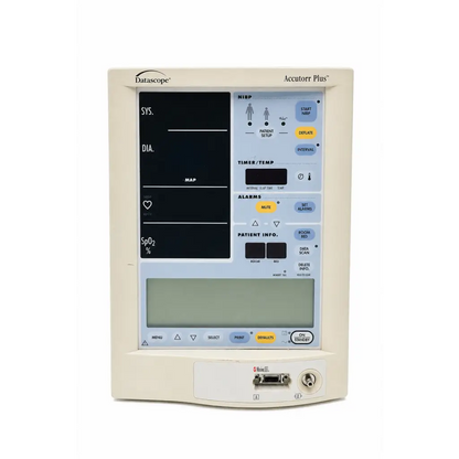 Cream-colored datascope accutorr plus vital signs monitor with masimo set spo2 biomed certified with blue buttons and yellow labels
