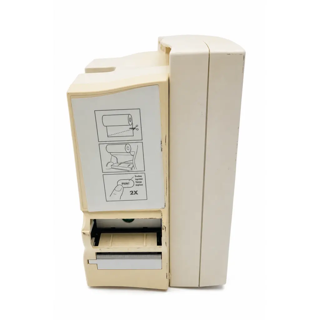 Cream-colored plastic tape dispenser with instructional diagrams on the front panel for biomed certified datascope accutorr plus