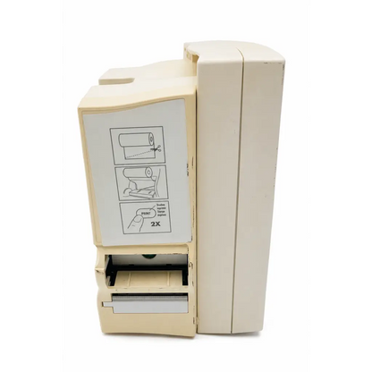 Cream-colored plastic tape dispenser with instructional diagrams on the front panel for biomed certified datascope accutorr plus