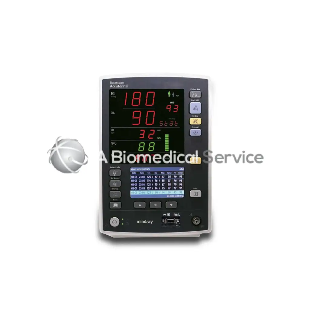 Black and silver mindray datascope accutorr v vital signs patient monitor displaying vital signs on screen