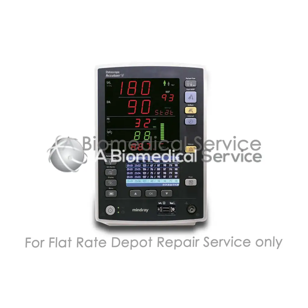 Black and silver mindray datascope accutorr v vital signs patient monitor displaying vital signs for medical equipment repair service