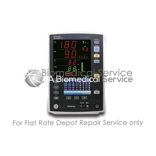 Black and silver mindray datascope accutorr v vital signs patient monitor displaying vital signs for medical equipment repair service