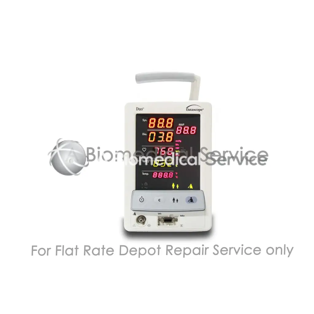 White datascope duo patient monitor with digital display showing vital signs in red and green numerals for repair service