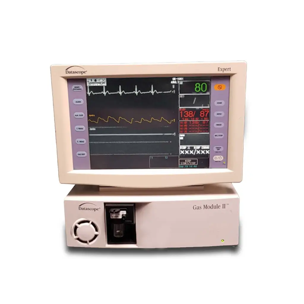 Beige datascope expert ds-5300w ecg multi parameter monitor with gas module ii displaying vital signs waveforms for medical equipment repair service
