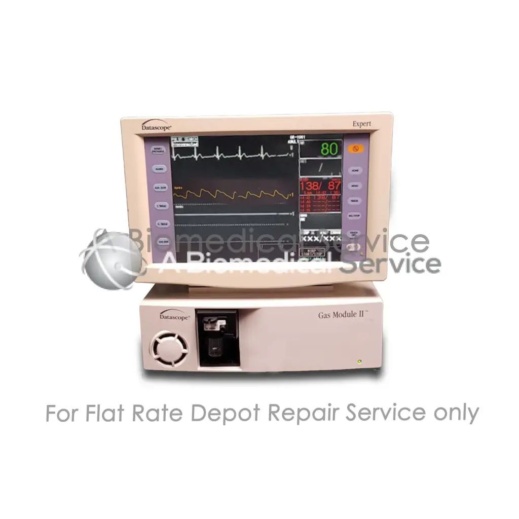 Beige Datascope expert DS-5300W ECG multi parameter monitor with gas module II showing vital signs for medical equipment repair service