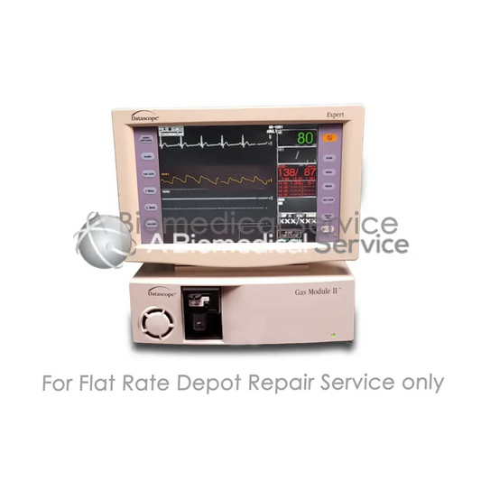 Beige Datascope expert DS-5300W ECG multi parameter monitor with gas module II showing vital signs for medical equipment repair service