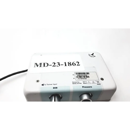 White rectangular datascope iabp trainer medical device with black labels and silver ports model md-23-1862 by datex-ohmeda