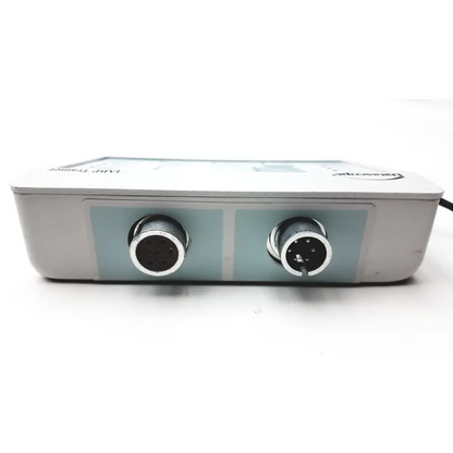 Silver and light blue datascope iabp trainer device with two circular ports on front for iabp training use