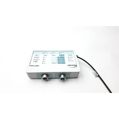 White and silver datascope iabp trainer medical device with two metallic ports on the front p/n 0998-00-0308