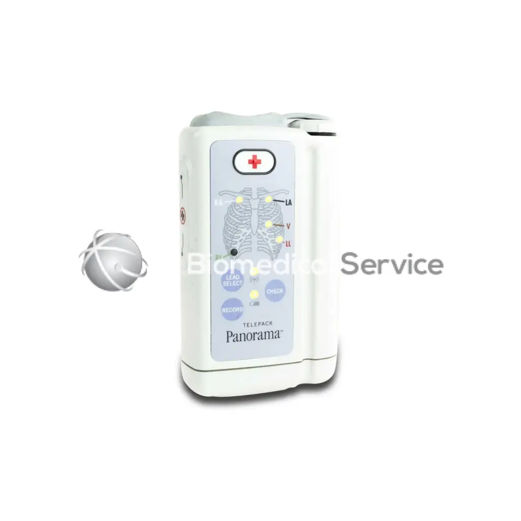 White plastic datascope panorama 608 telemetry transmitter with gray panel, red cross, chest diagram, and labeled buttons for biomedical service