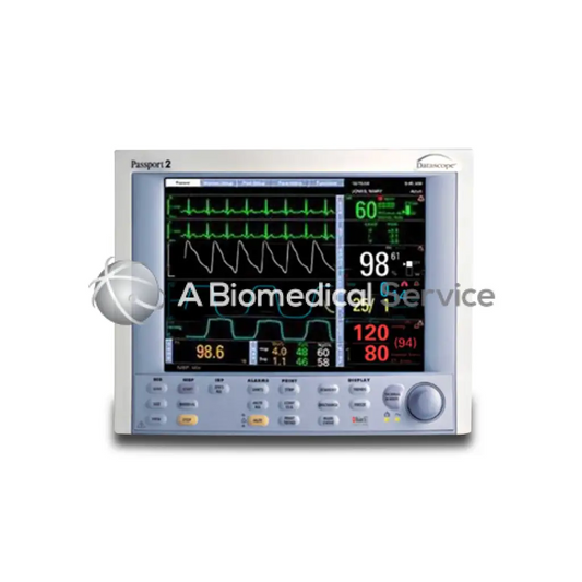 Gray and white Datascope Passport 2 patient monitor displaying green ECG waveforms and red black vital signs on dark screen