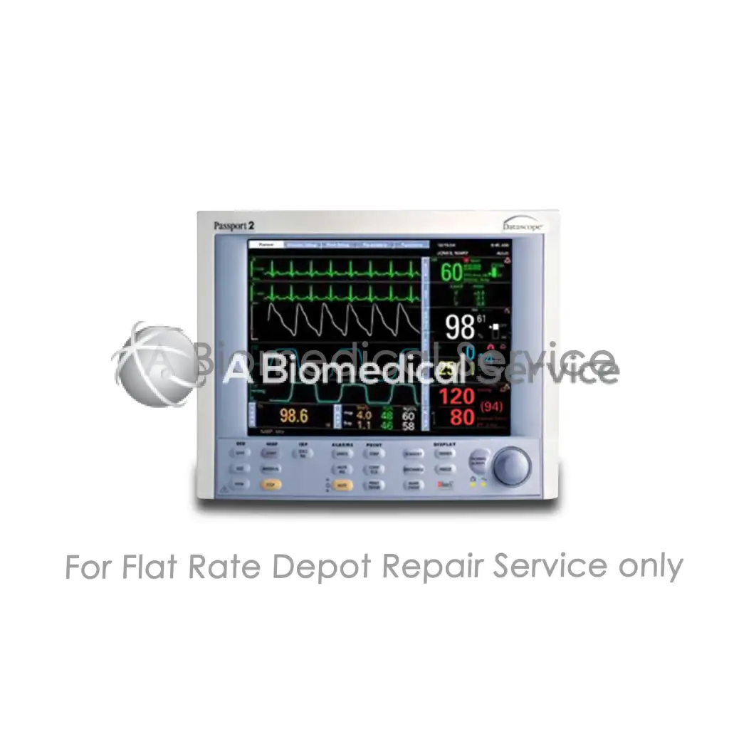 Silver rectangular Datascope Passport 2 patient monitor with touchscreen showing vital signs for medical equipment repair service